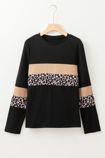White Leopard Colorblock Patchwork Crew Neck Long Sleeve Tee