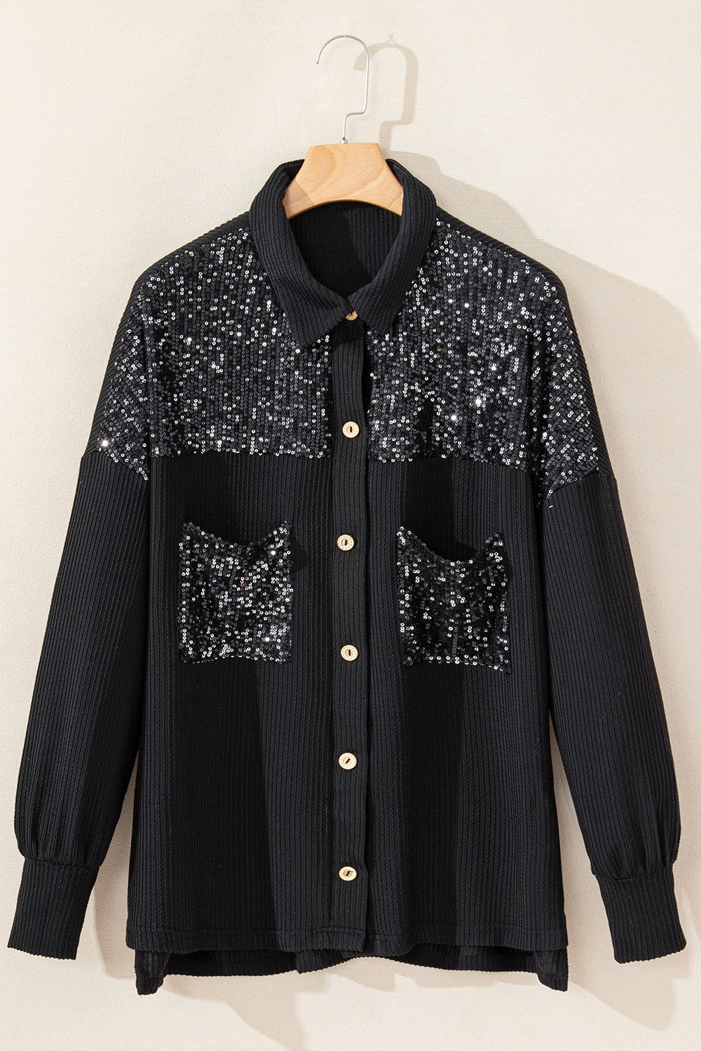 Sequin Button Up Dropped Shoulder Jacket