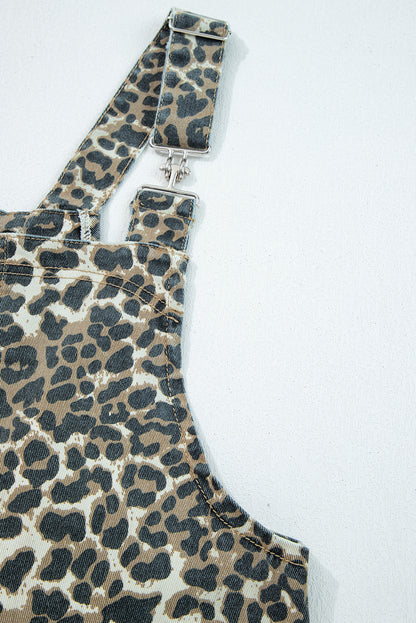 Gray Leopard Print Pocketed Loose Fit Denim Overall Dress