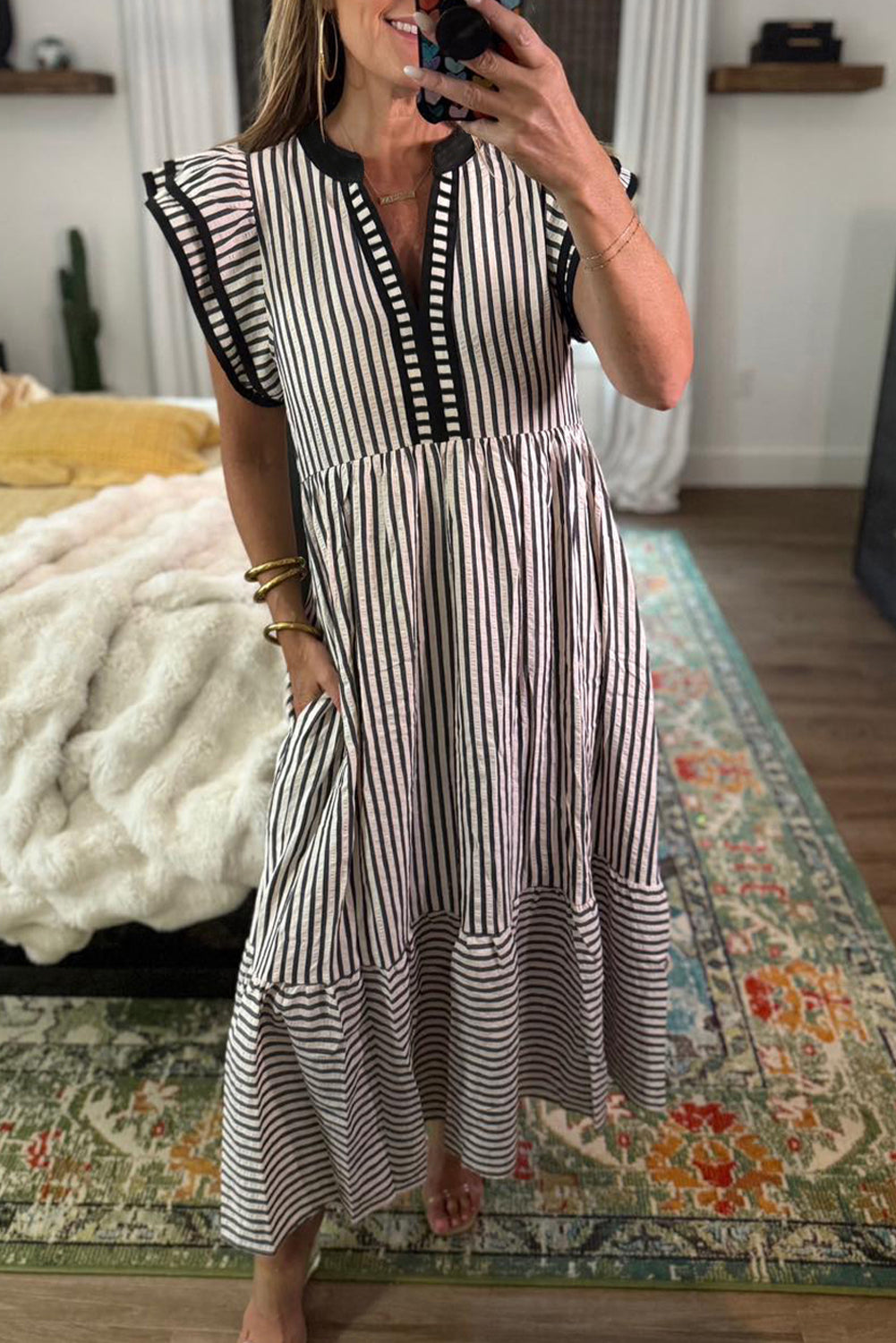 Black Stripe Double Ruffled Short Sleeve Contrast Trim V Neck Midi Dress