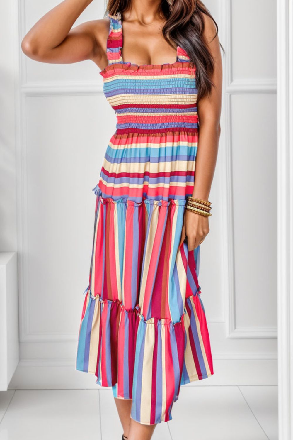 Striped Frill Smocked Tiered Midi Dress