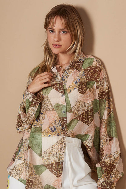 POL Button-Down Long Sleeve Printed Shirt