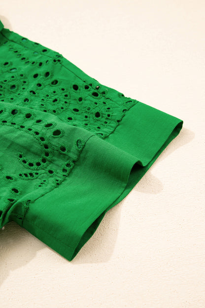 Green Solid Color Eyelet Embroidered T Shirt Mini Dress