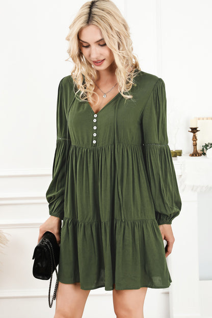 Tie Neck Long Sleeve Tiered Dress