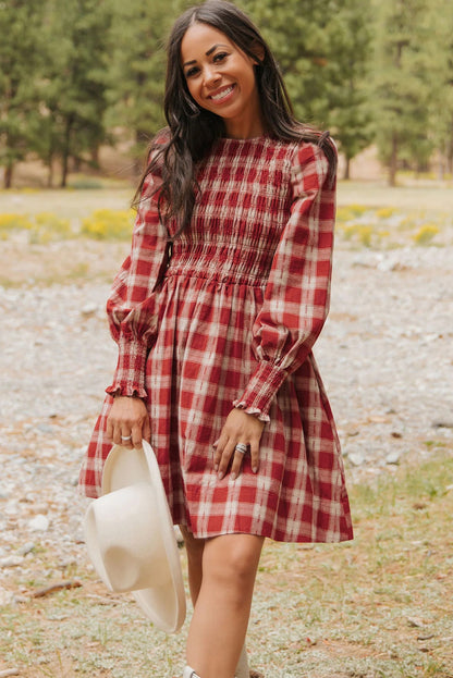 Red Plaid Print Smocked Puff Sleeve Mini Dress
