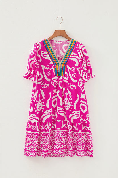 Rose Boho Mixed Print Contrast Trim V Neck Short Sleeve Flared Dress