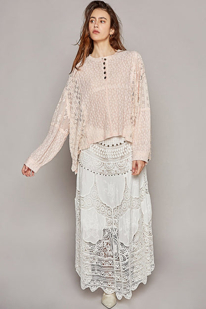POL Round Neck Long Sleeve Raw Edge Lace Top