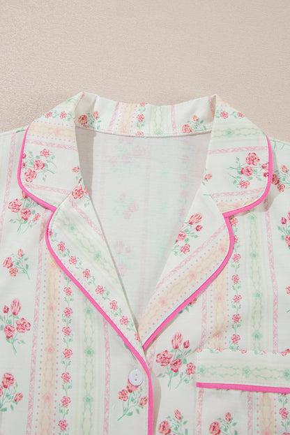 White Floral Print Contrast Pipping Short Pajamas Set