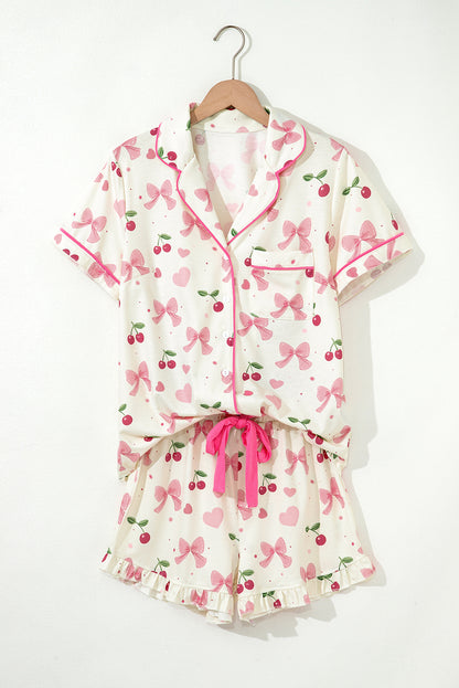 White Floral Print Contrast Pipping Short Pajamas Set