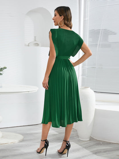 Tied Round Neck Pleated Midi Dress