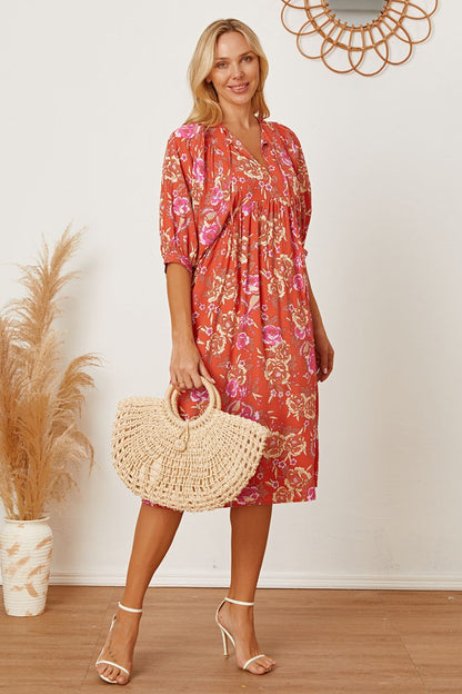 Floral Tie Neck Half Sleeve Dress