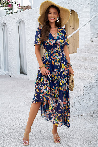 Smocked Floral V-Neck Short Sleeve Dress