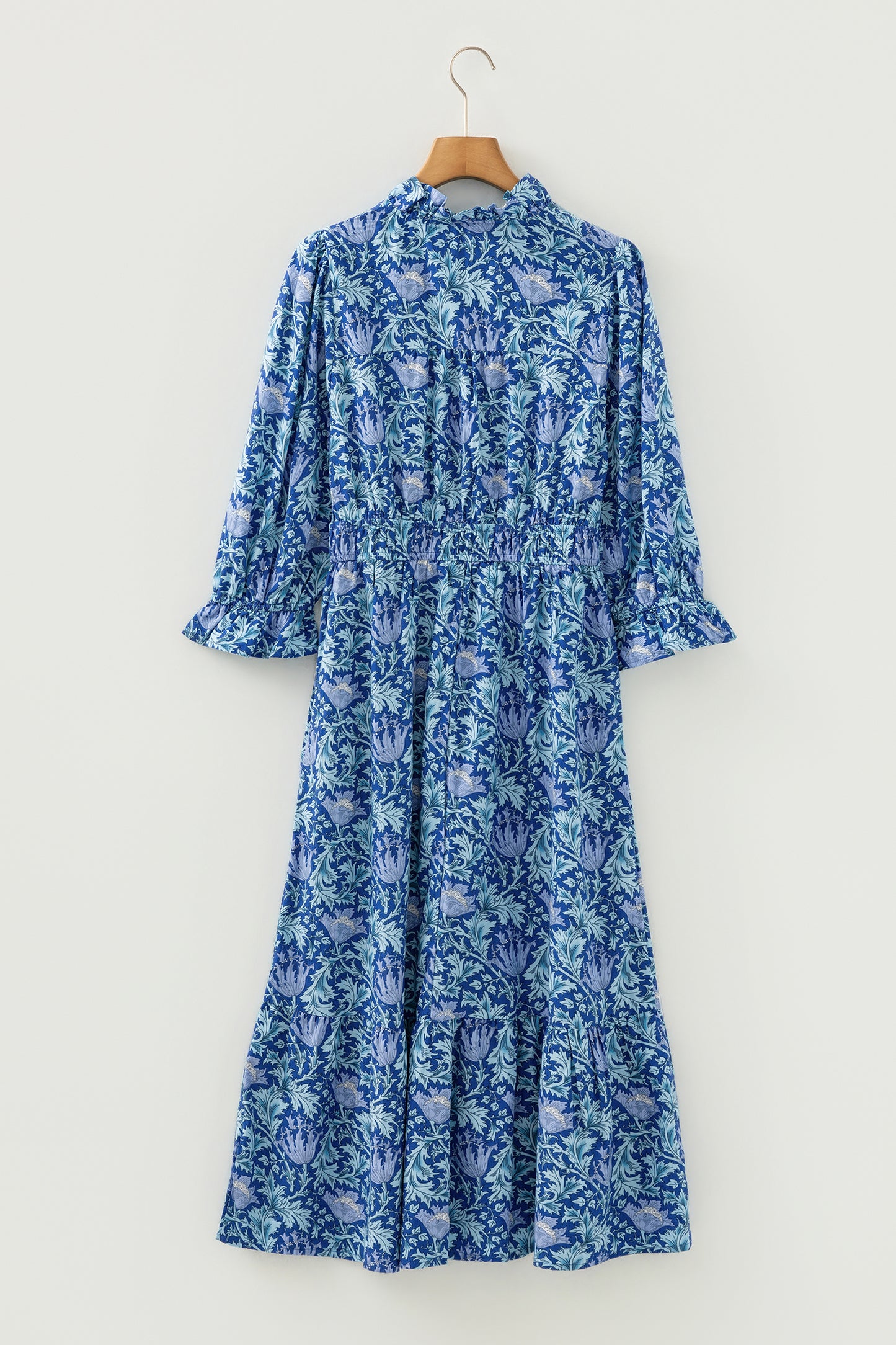 Brown Floral Printed Frilled V Neck Bracelet Sleeve Long Dress