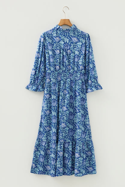Brown Floral Printed Frilled V Neck Bracelet Sleeve Long Dress