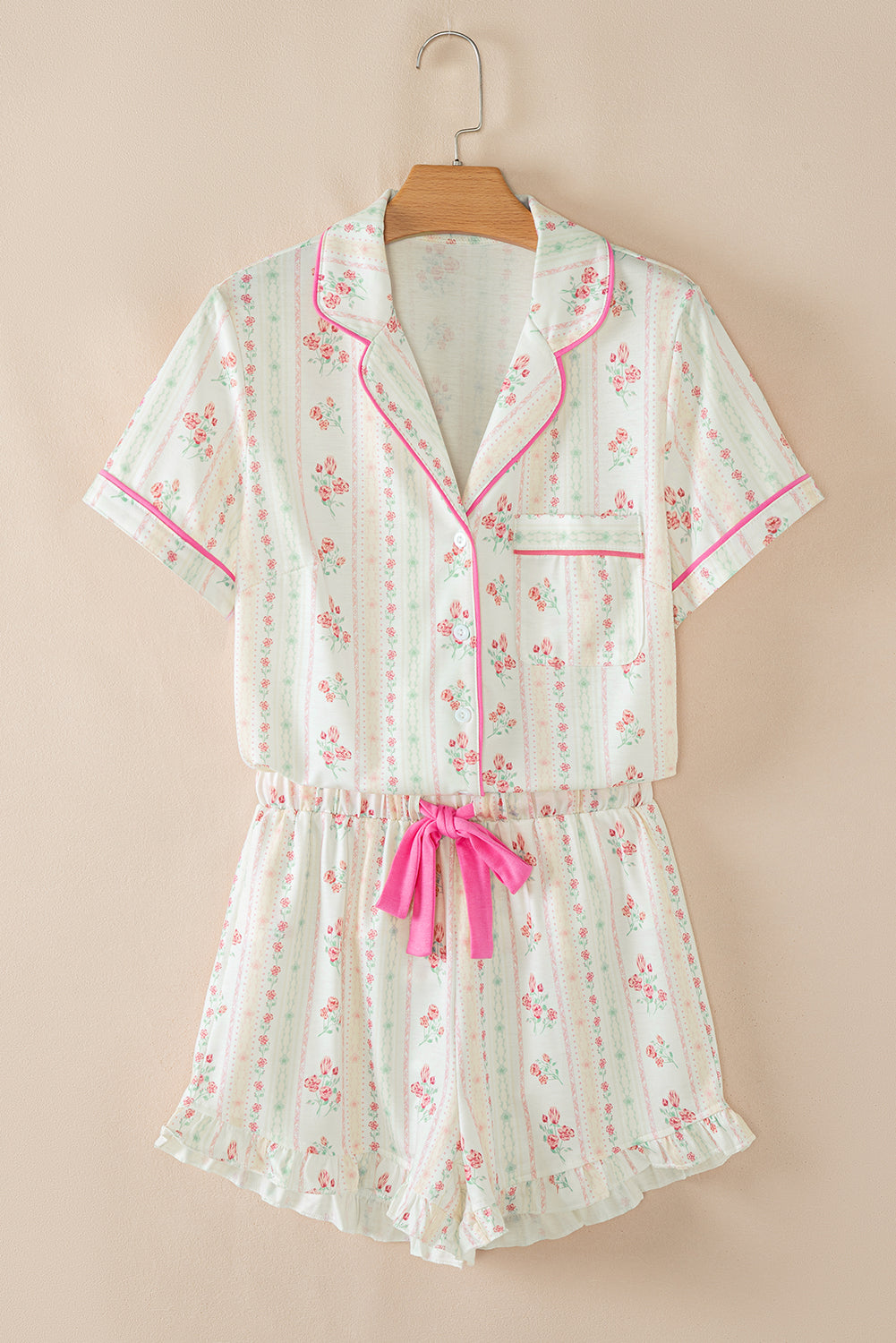 White Floral Print Contrast Pipping Short Pajamas Set