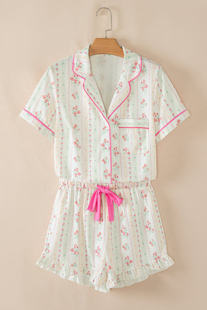 White Floral Print Contrast Pipping Short Pajamas Set
