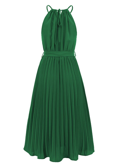 Pleated Spaghetti Strap Tie Waist Midi Dress