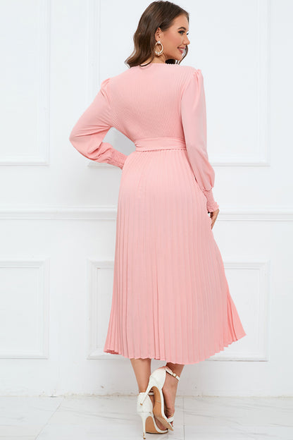 Round Neck Flounce Sleeve Pleated Dress