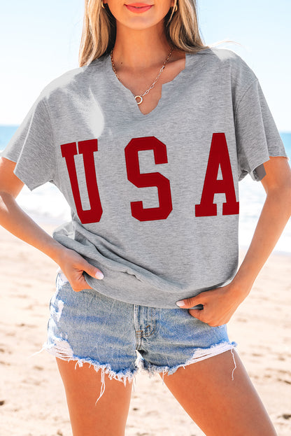 Light Grey USA Lettering Patch Notched Neck Loose Tee