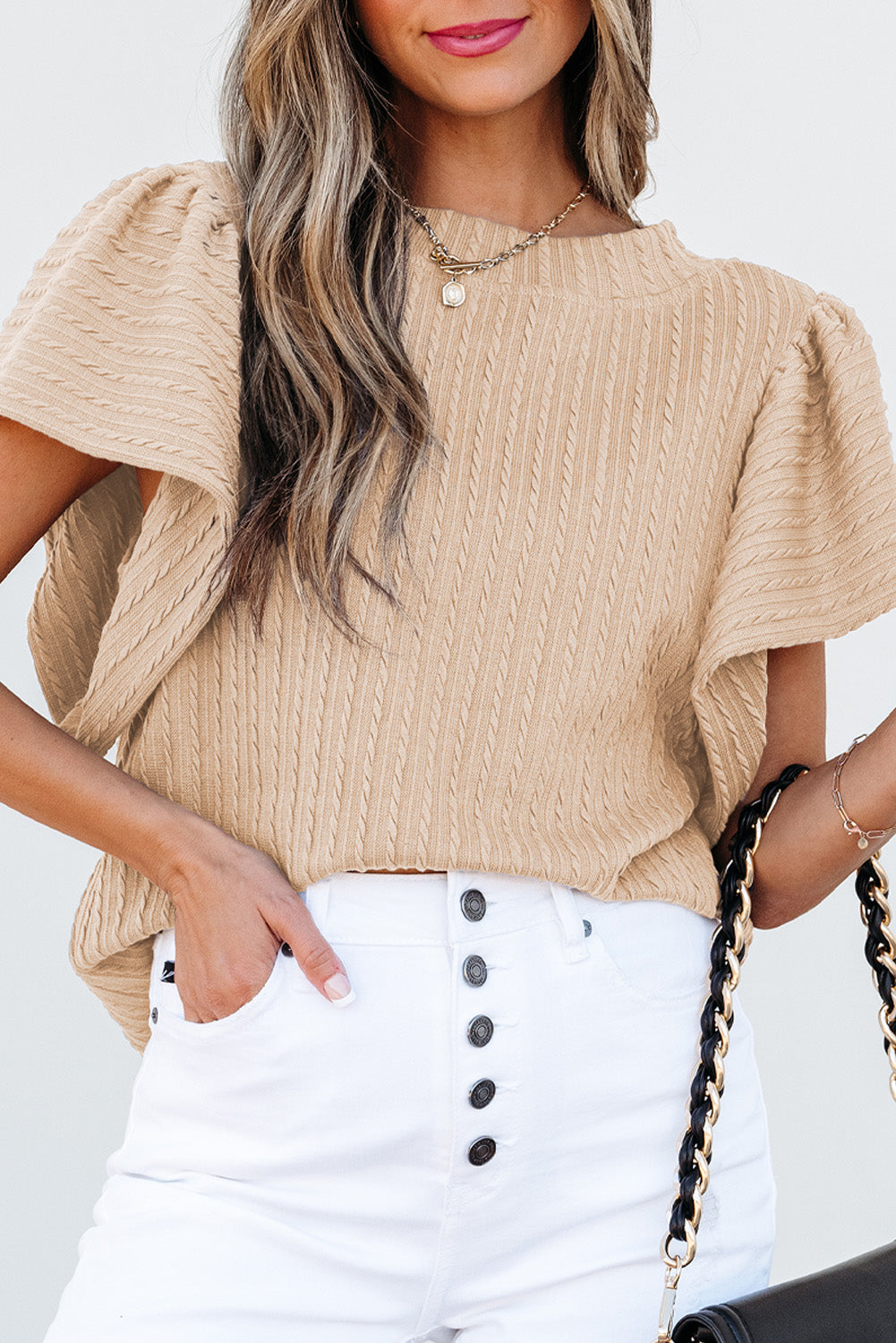 Sleet Solid Color Textured Flutter Sleeve Top