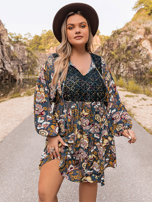 Plus Size Floral Tie Neck Balloon Sleeve Mini Dress