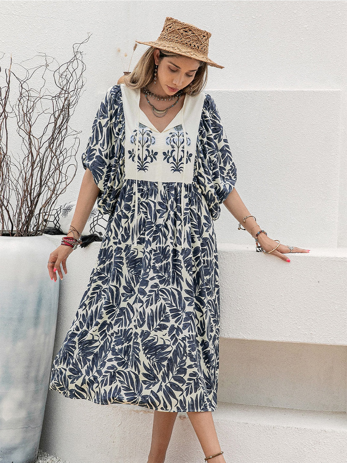 Printed Tie Neck Midi Dress