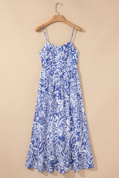 Sky Blue Floral Print Spaghetti Strap High Waist Maxi Dress