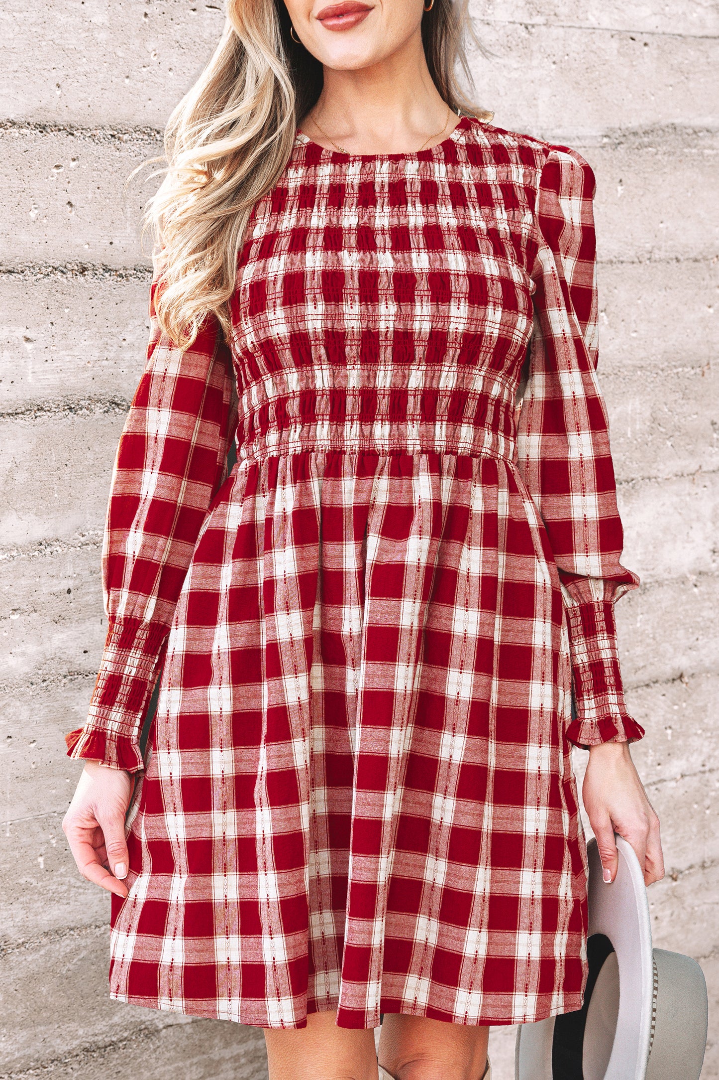 Red Plaid Print Smocked Puff Sleeve Mini Dress