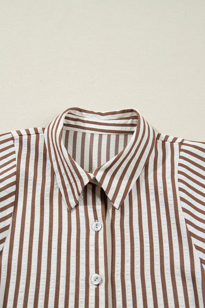 Brown Stripe Knot Waist Puff Sleeve Button Down Mini Shirt Dress