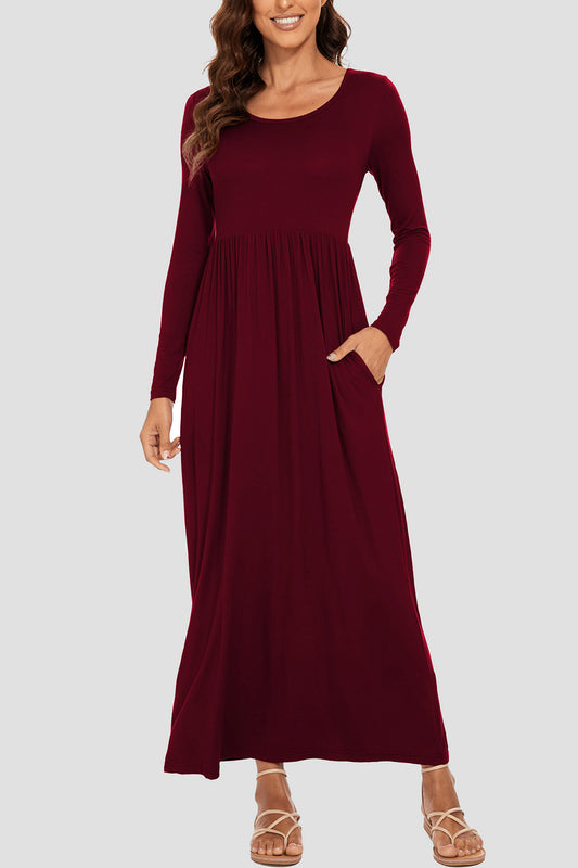 Round Neck Long Sleeve Pocketed Maxi Dress