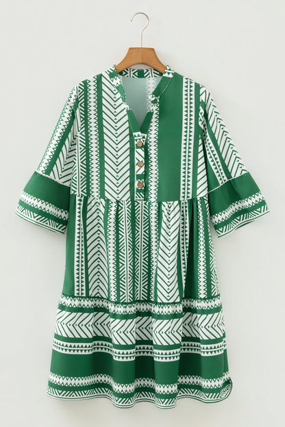 Green Boho Ethnic Print Half Button 3/4 Sleeve Casual Dress