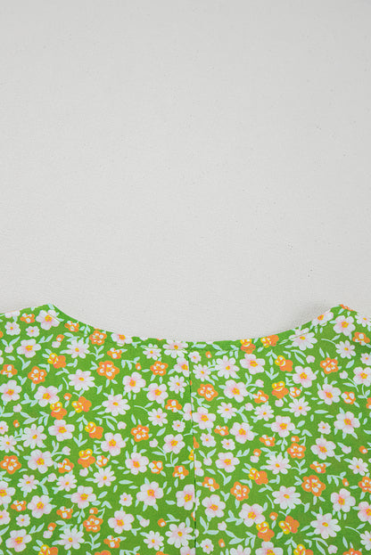 Green Floral Print Ruffle Sleeve V Neck Blouse Top