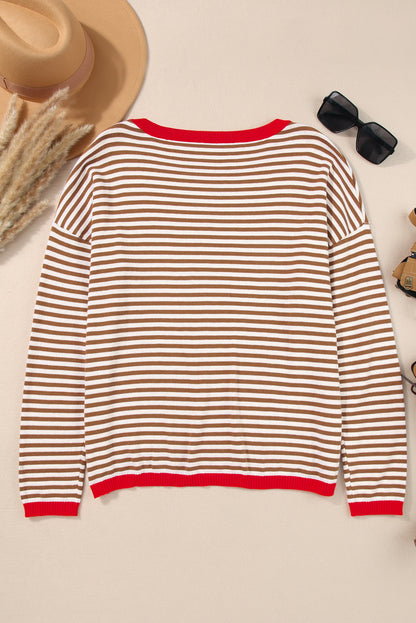 Brown Contrast Trimmed Striped Drop Shoulder Sweater