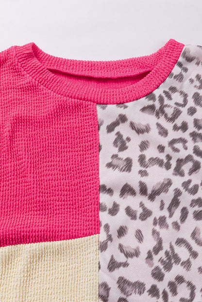Rose Leopard Patchwork Color Block Ribbed Long Sleeve Top