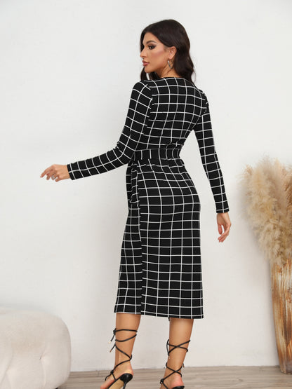 Plaid Long Sleeve Slit Dress