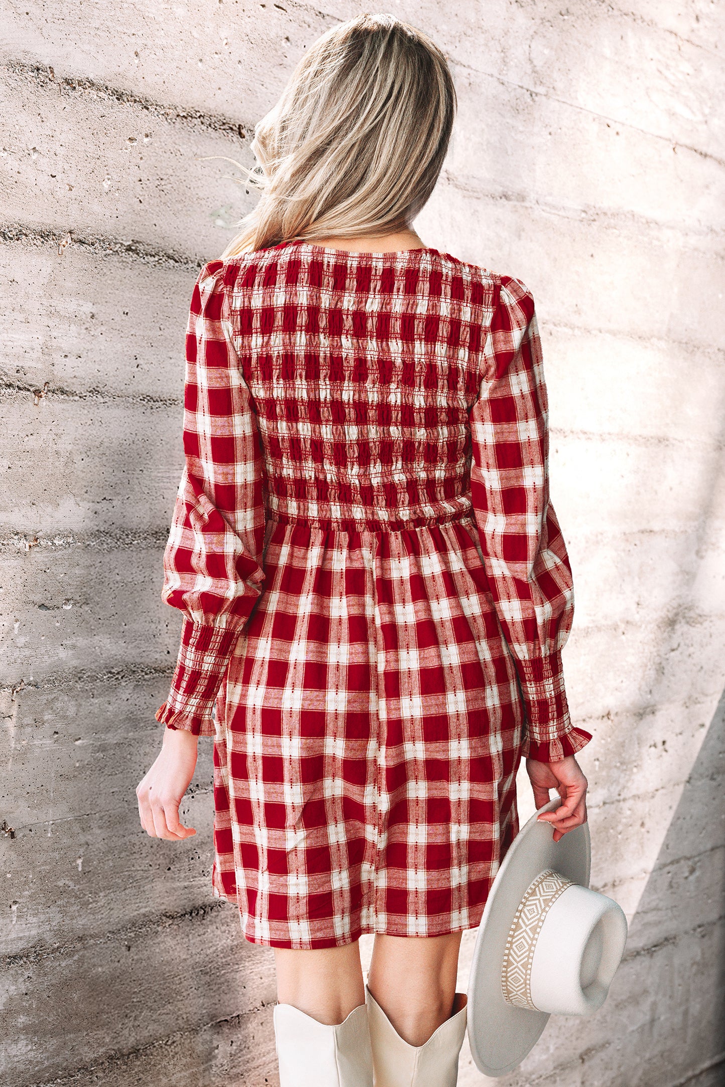 Red Plaid Print Smocked Puff Sleeve Mini Dress