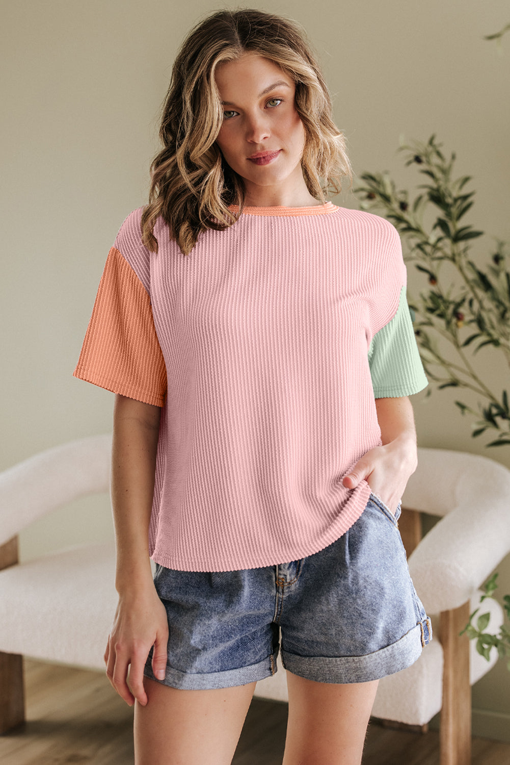 Multicolour Corded Colorblock Crewneck Tee