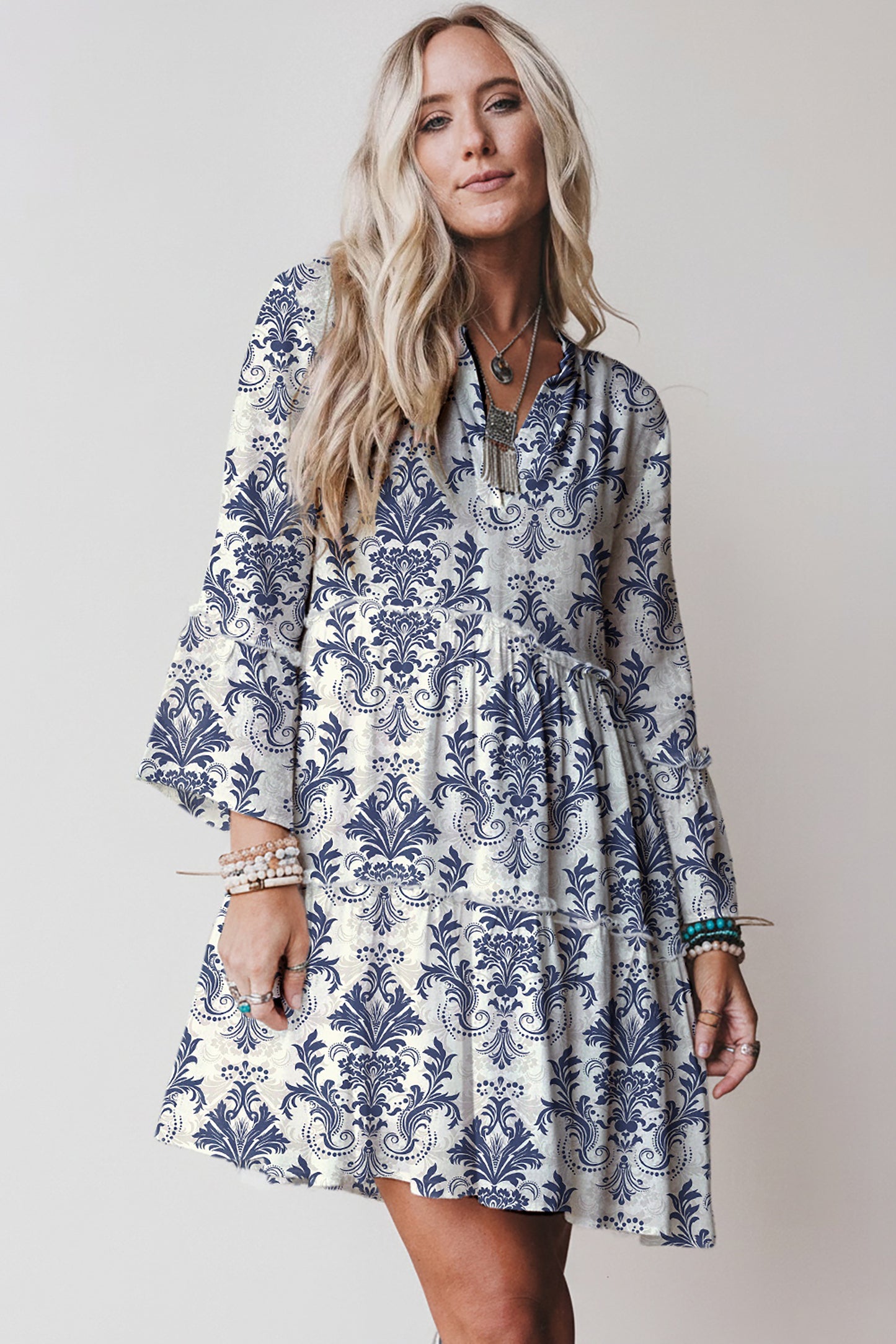 Blue Boho Floral Print Lettuce Trim 3/4 Sleeve Mini Dress