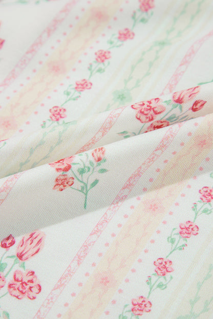 White Floral Print Contrast Pipping Short Pajamas Set