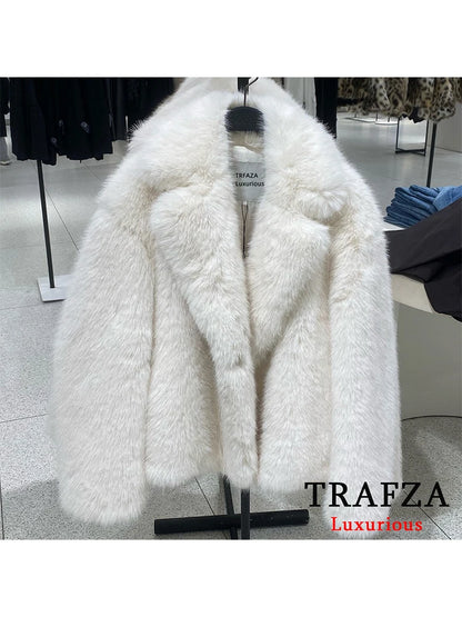 TRAFZA Vintage Faux Fur Women Jackets Solid Turn-down Collar Long Sleeve Warm Coat Chic White Fashion 2024 Winter Autumn Outwear