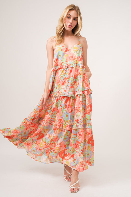 And The Why Floral Ruffled Tiered Maxi Adjustable Strap Cami Dress