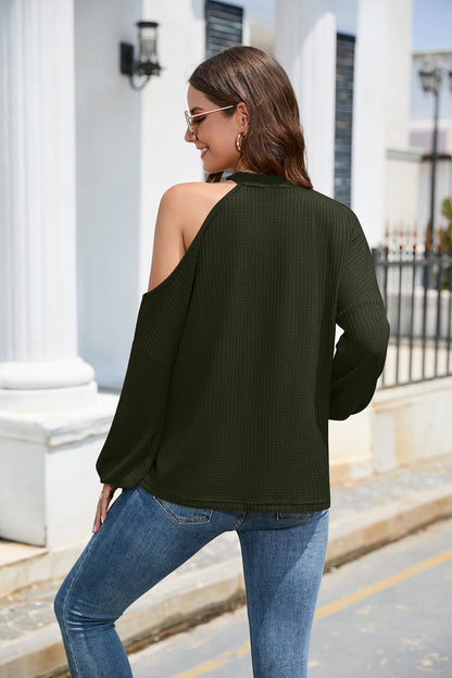 Asymmetrical Lantern Sleeve Waffle-Knit Blouse