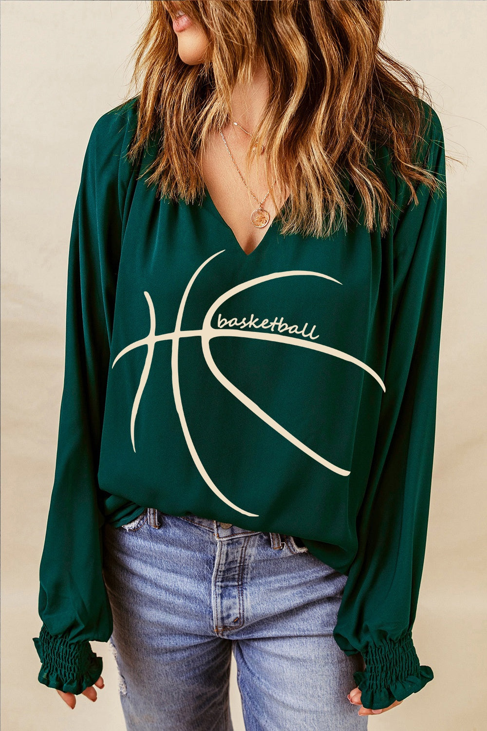 BASKETBALL Round Neck Smocked Long Sleeve Top