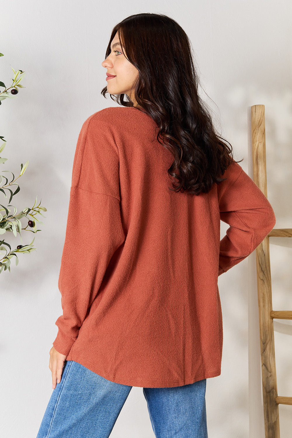 BOMBOM Drop Shoulder Long Sleeve Blouse with Pockets