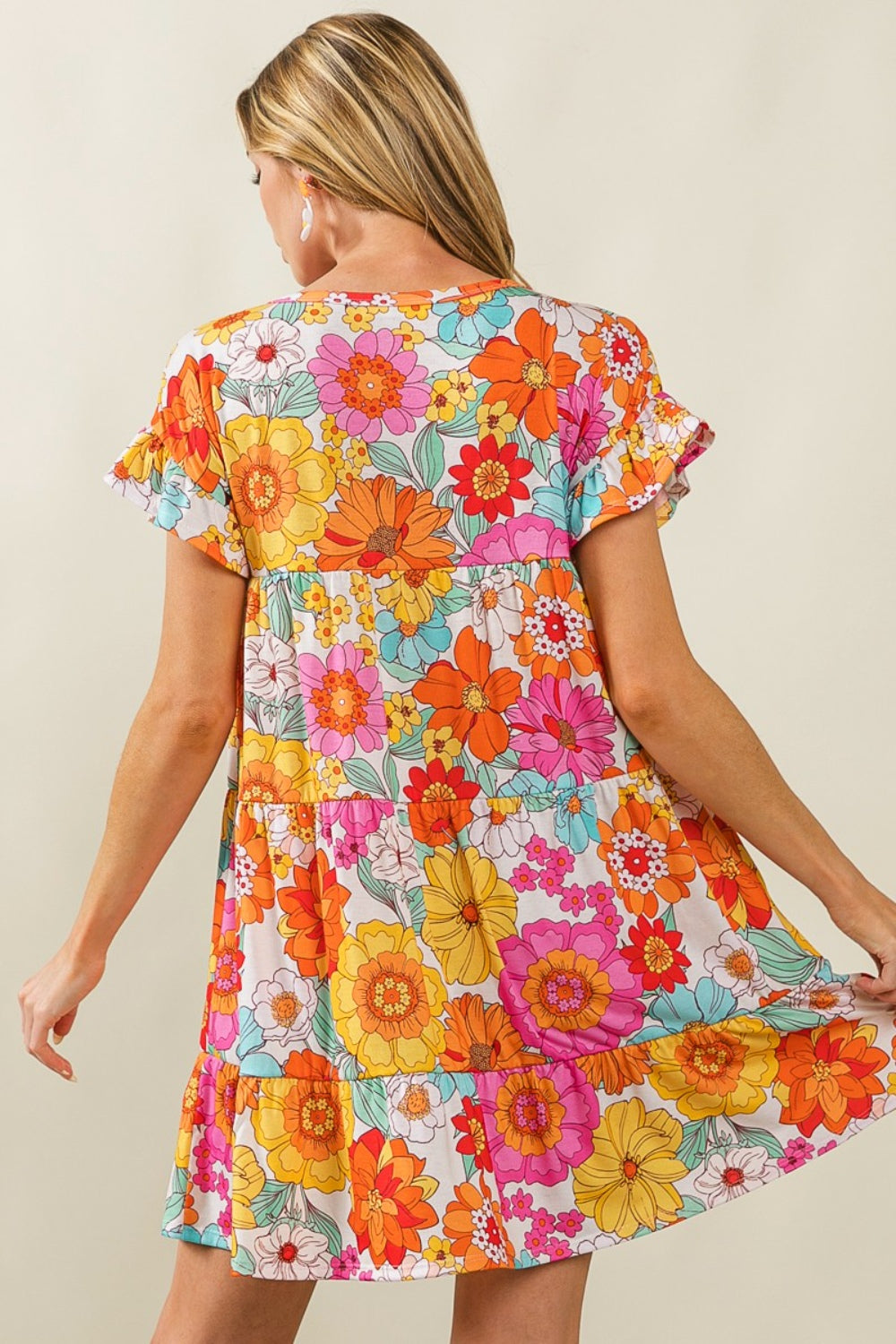 BiBi Floral Short Sleeve Tiered Dress