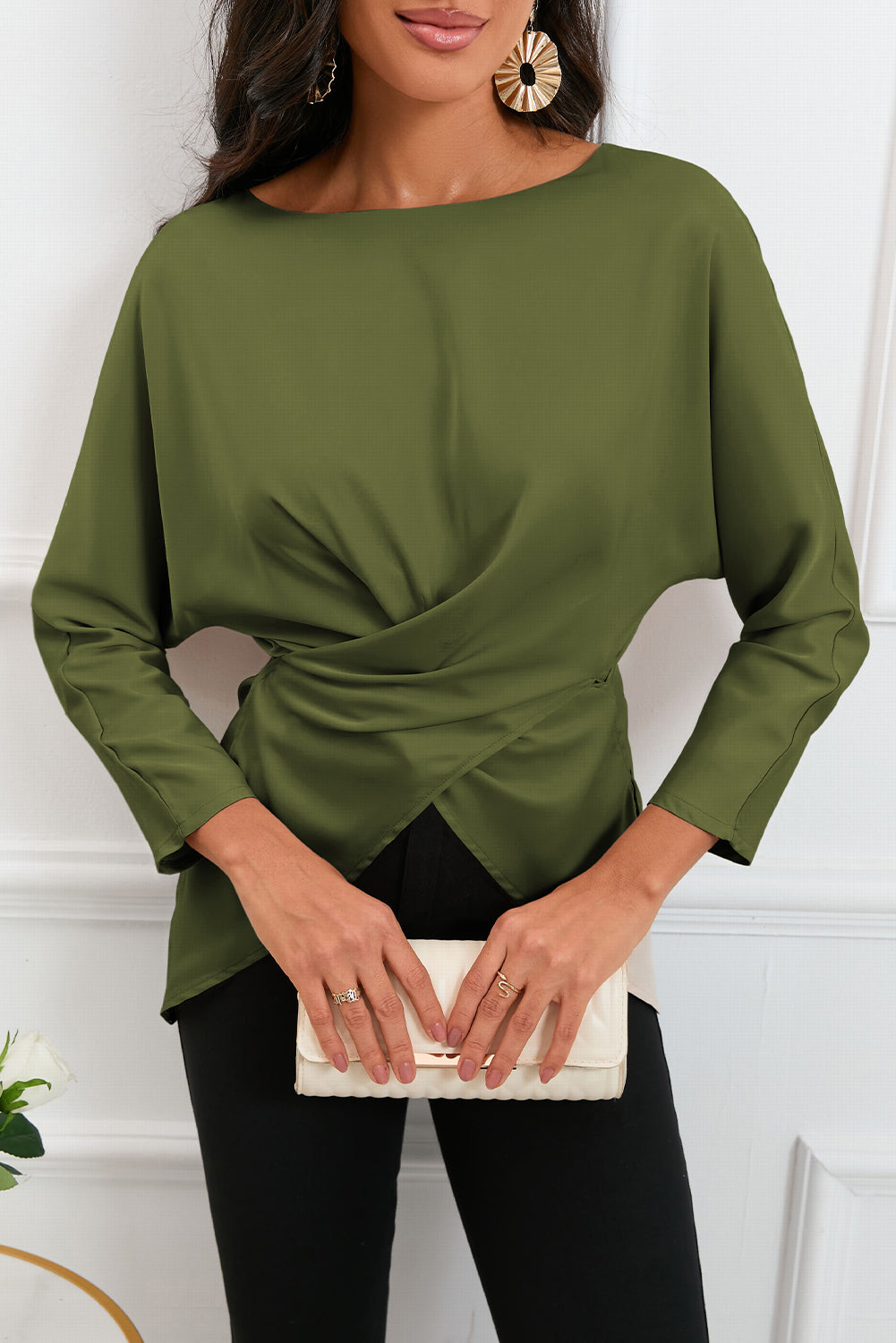 Boat Neck Back Tie Long Sleeve Satin Blouse