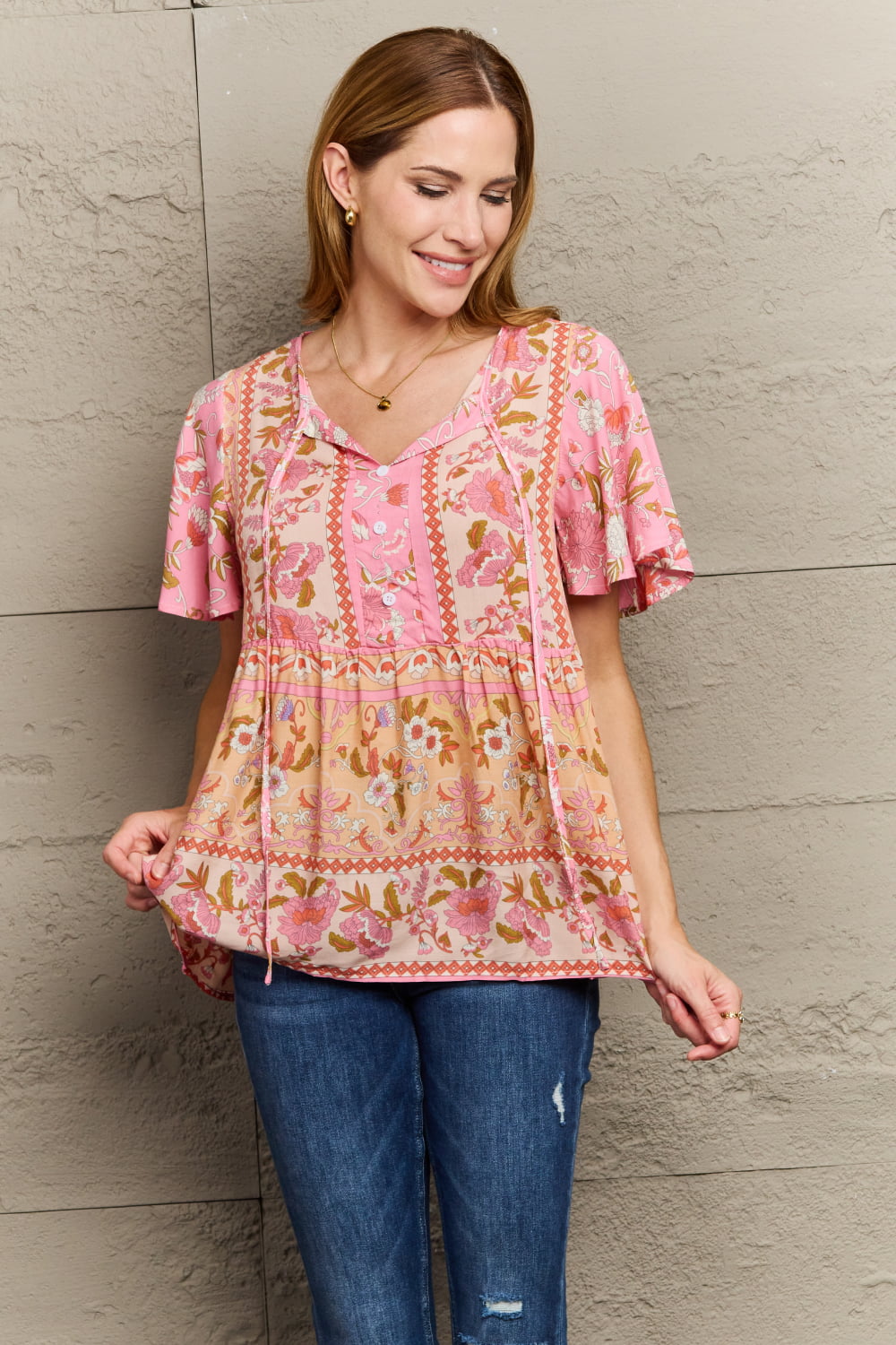 Bohemian Tie-Neck Flutter Sleeve Blouse