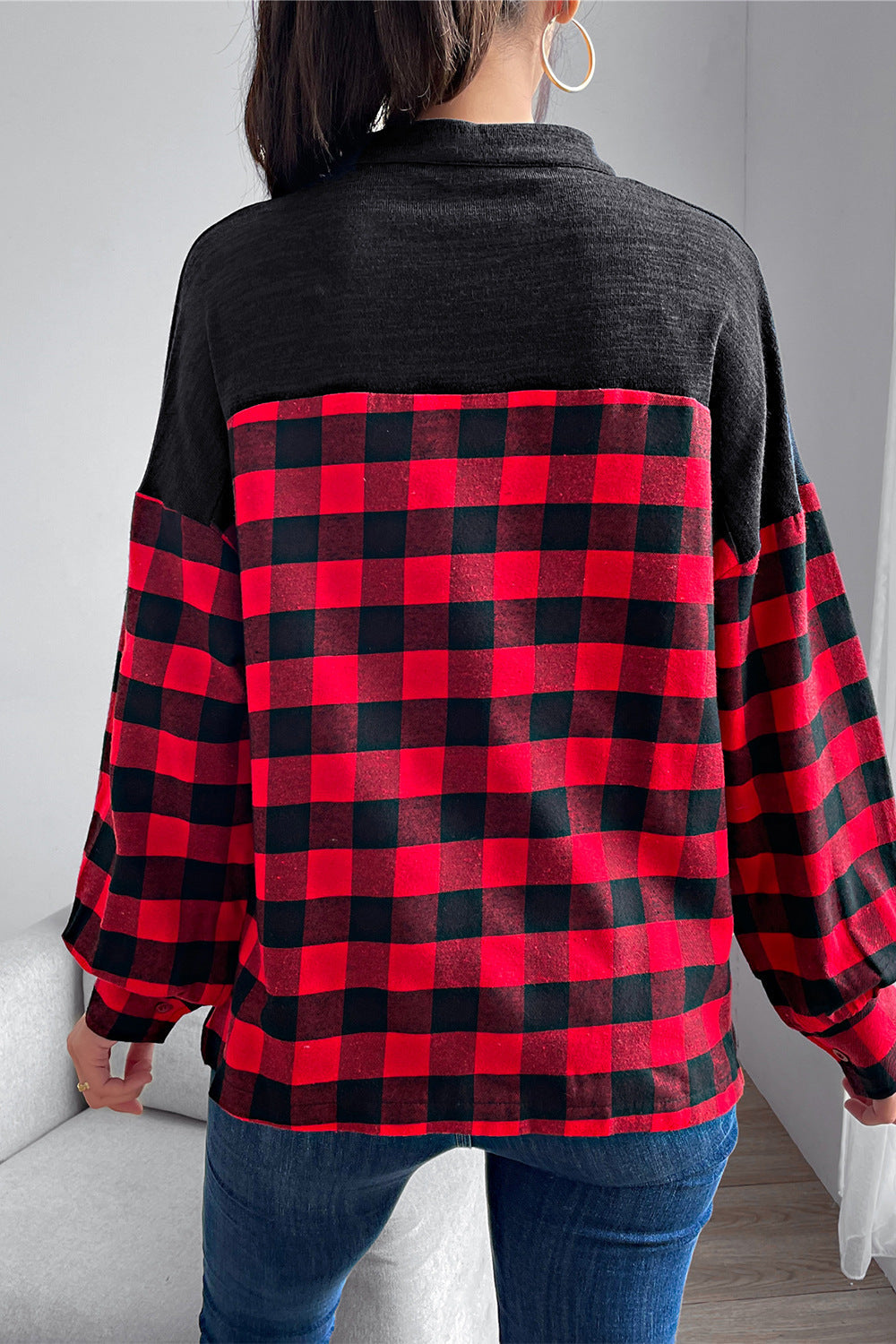 Buffalo Plaid Color Block Balloon Sleeve Top