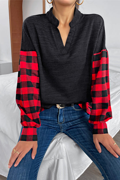 Buffalo Plaid Color Block Balloon Sleeve Top