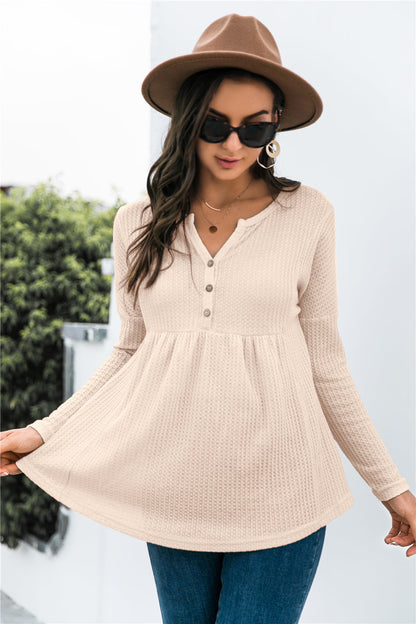 Button Front Waffle Knit Babydoll Top